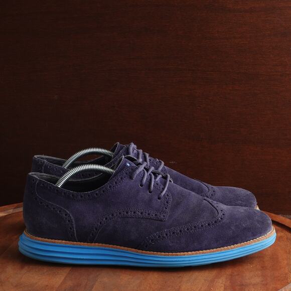 Cole Haan Oxfords Mens SZ 11M Blue Suede Lunargrand Wingtip Dress Shoes C11096 - Picture 1 of 12